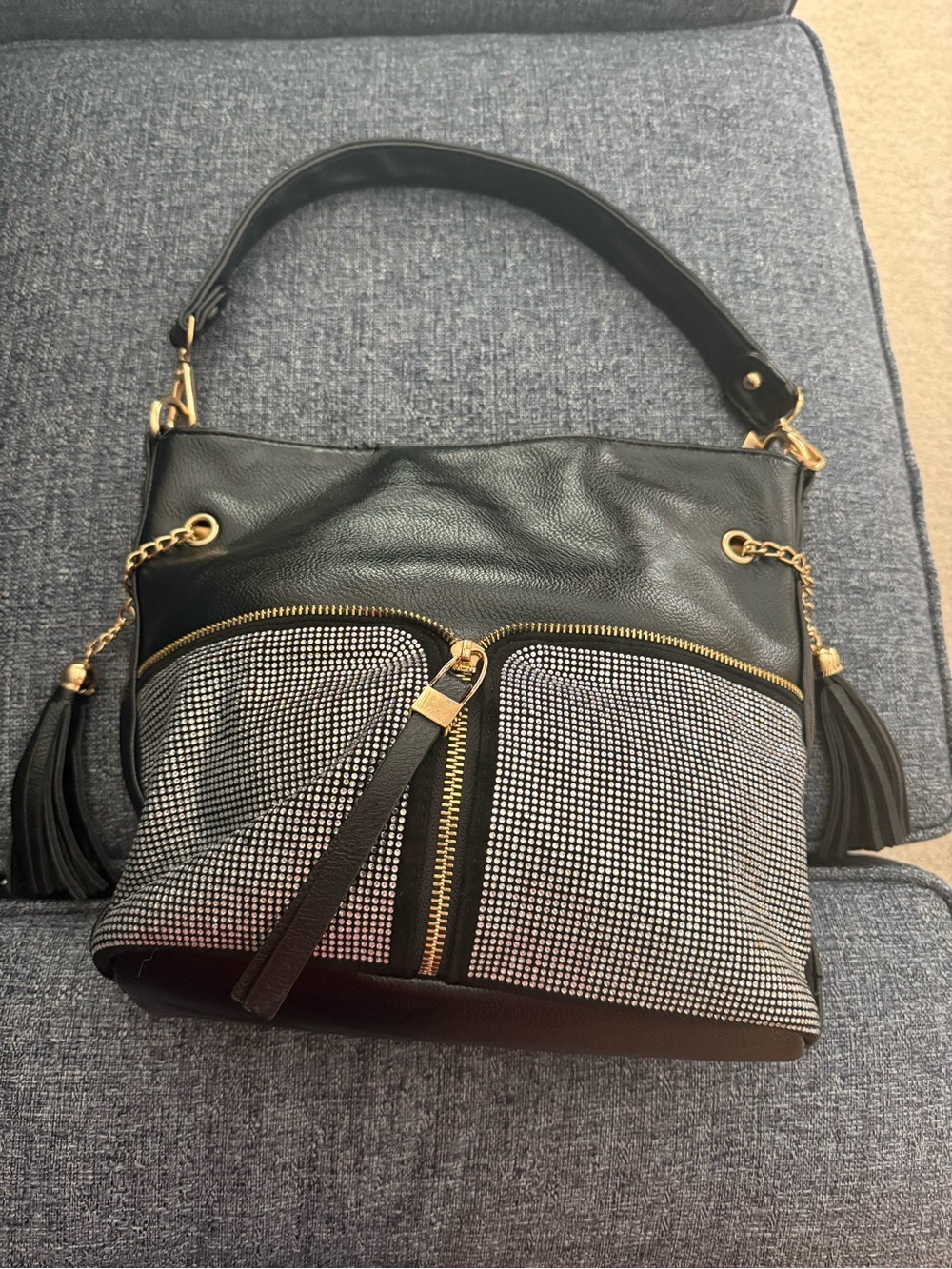 Black Leather Shoulder Bag with Rhinestone Front Pocket